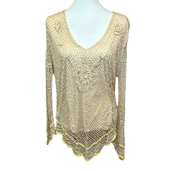 R&M Beige Crochet Sequins Blouse - Picture 1 of 6